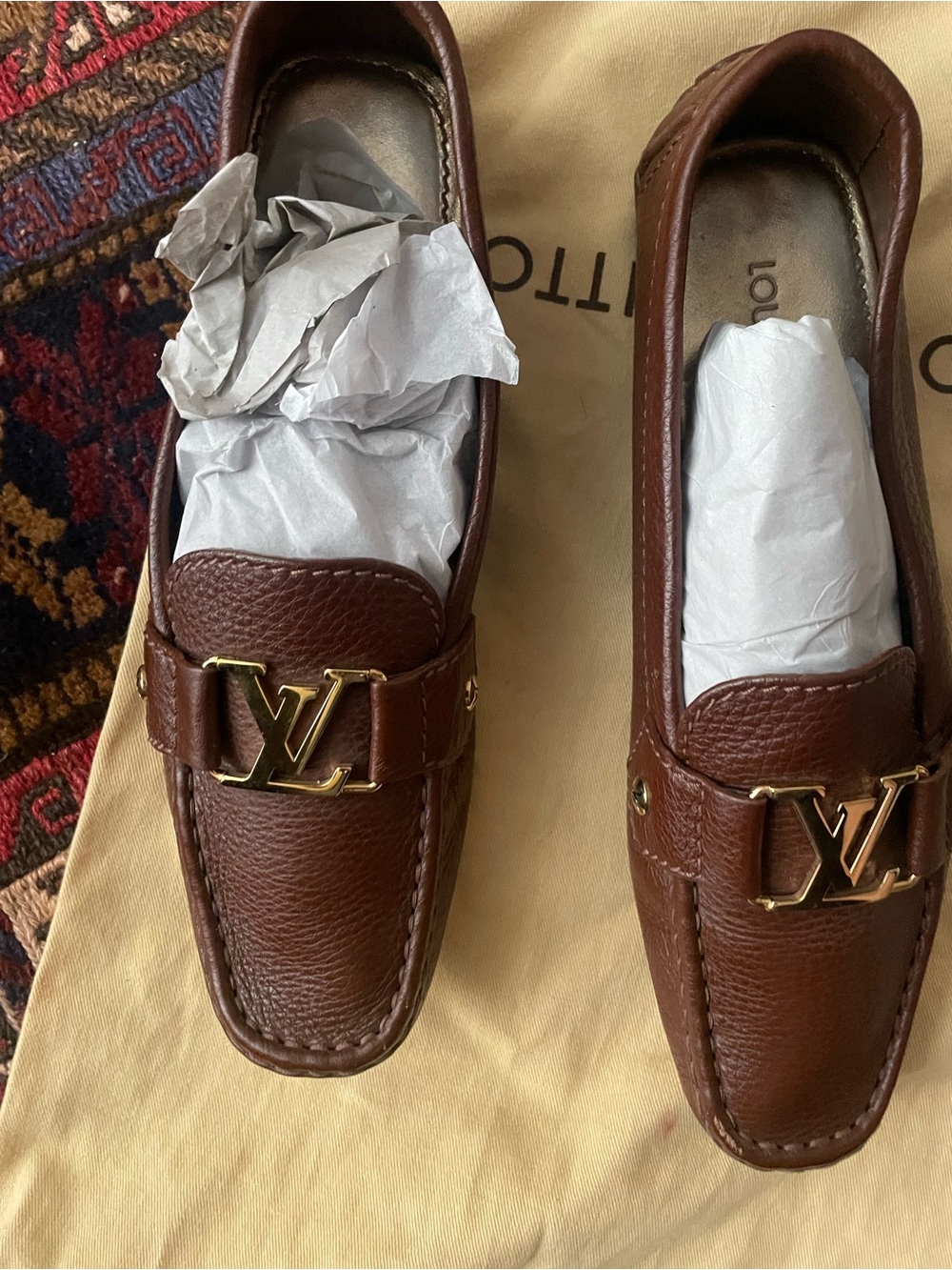 Louis Vuitton Brown Leather Loafers with Gold LV Hardware